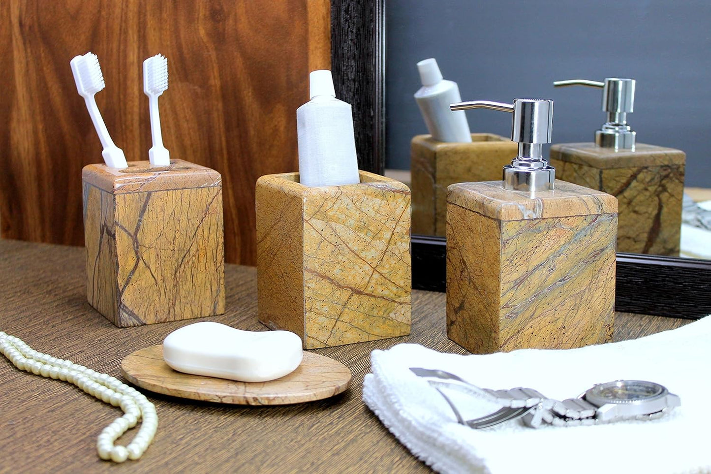 KLEO - Bathroom Accessory Set Made from Natural Stone - Bath Accessories Set of 4 Includes Soap Dispenser, Toothbrush Holder, Tumbler and Soap Dish (Black, Brown)