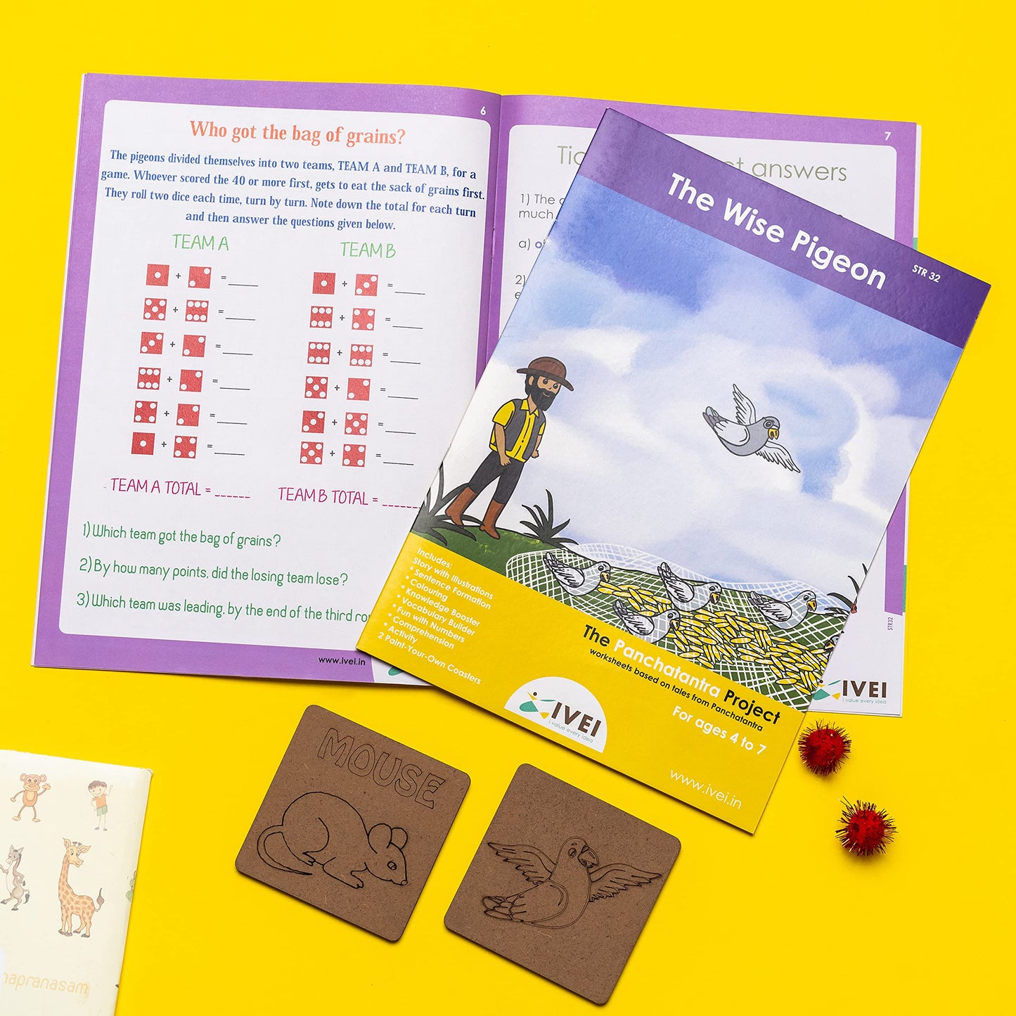 IVEI Panchatantra Kids Learning Book - Workbook and 2 DIY Bookmarks of Panchatantra Story - Colouring Activity Worksheets - Creative Fun Activity and Education For Kids - Four Friends And A Hunter