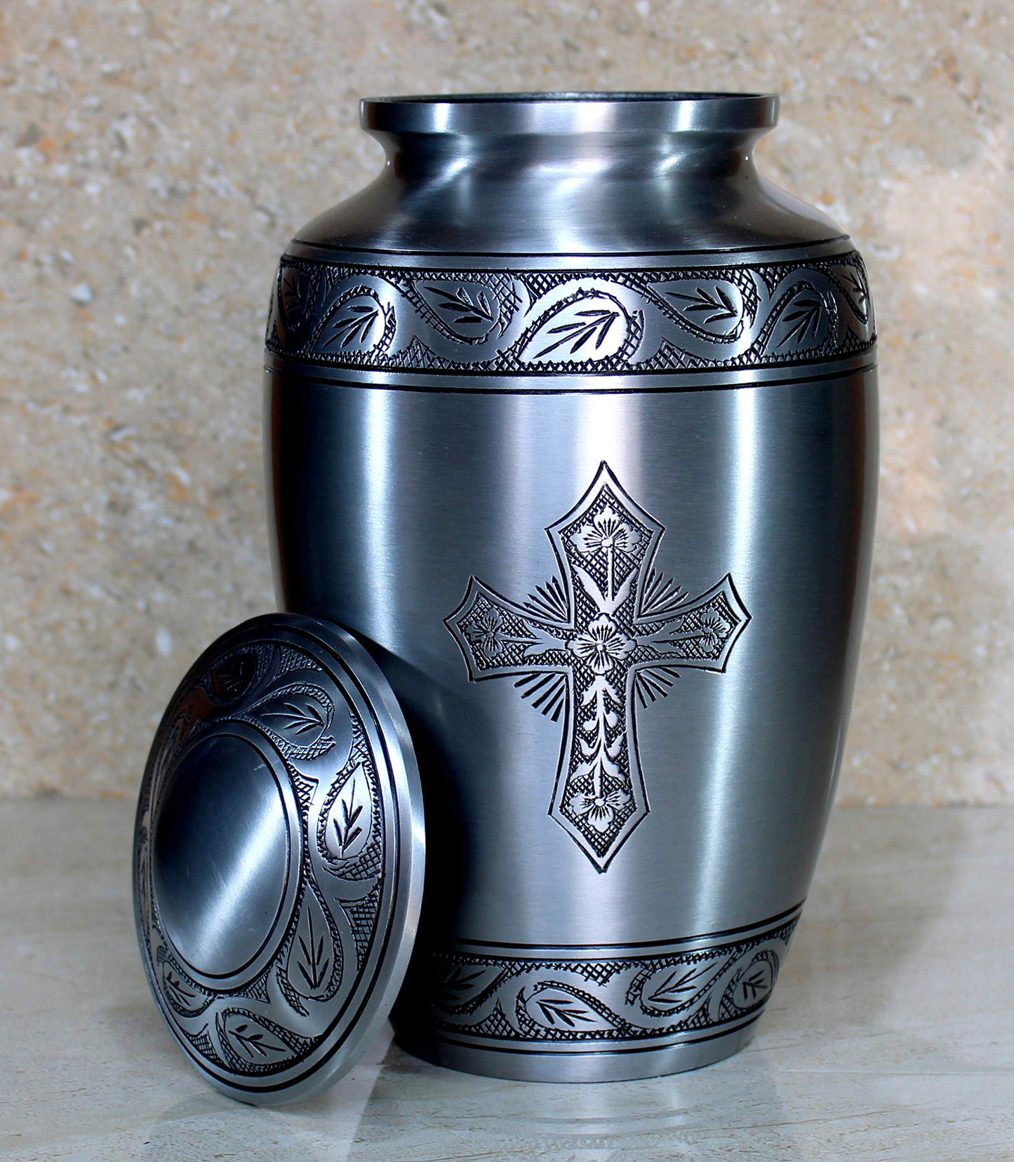 eSplanade Brass Cremation Urn Memorial Jar Pot Container | Full Size Urn for Funeral Ashes Burial | Holy Cross Printed Urn | Black - 10" Inches