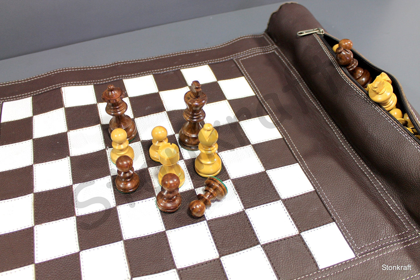 StonKraft - 19" x 15" (Chess Board Size 12" x 12") Roll-Up Leather Chess Set with Wooden Chess Pieces | Comes with Innovative Carry Pouch