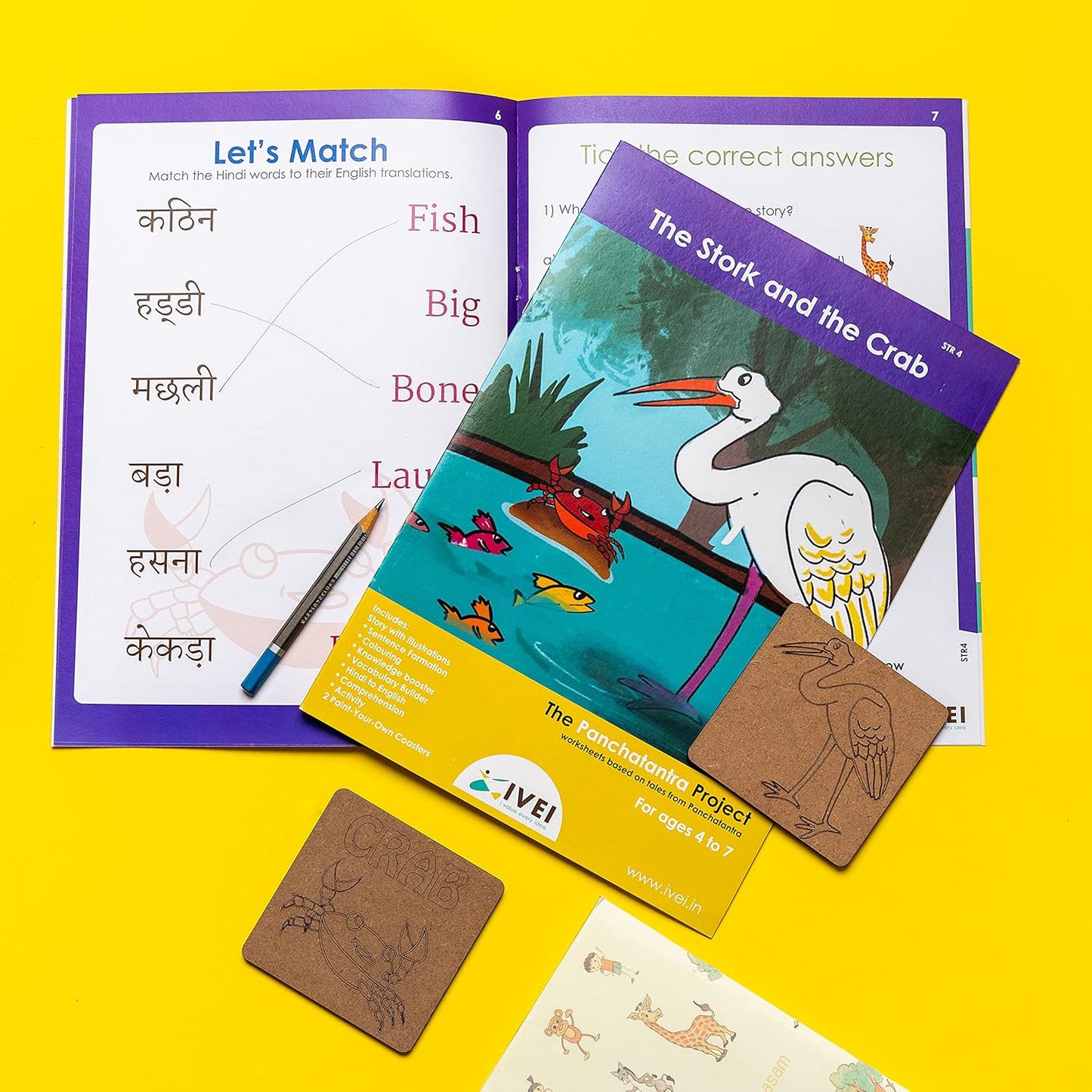 IVEI Panchatantra Kids Learning Book - Workbook and 2 DIY coasters of Panchatantra Story - Colouring Activity Worksheets - Creative Fun Activity and Education For Kids - The Stork and the Crab ( Age 4 to 7 Years )