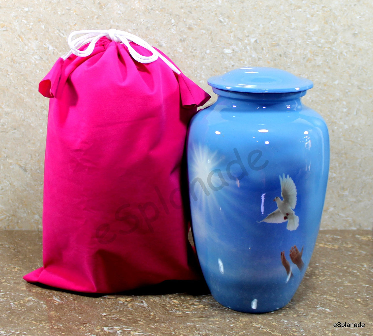 eSplanade Metal Cremation Urn Memorial Jar Pot Container | Full Size Urn for Funeral Ashes Burial | Falcon Printed Urn , Seagull Printed Urn ,White Pigeon Print | Blue - 10" Inches