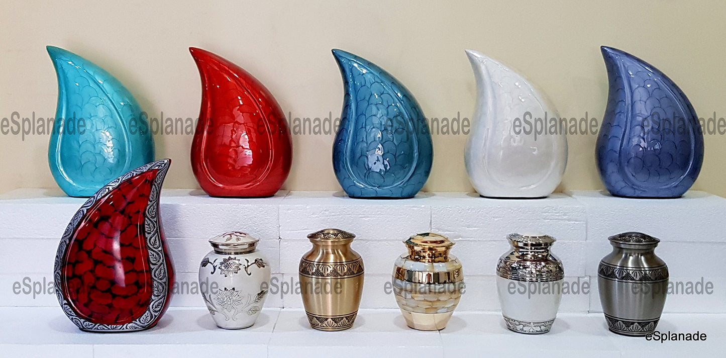 eSplanade Metal Cremation Urn Memorial Jar Pot Container | Full Size Embossed Urn for Ashes Funeral Burial | Teardrop Metal Urns | Dark Blue, Sky blue, Violet - 10" Inches