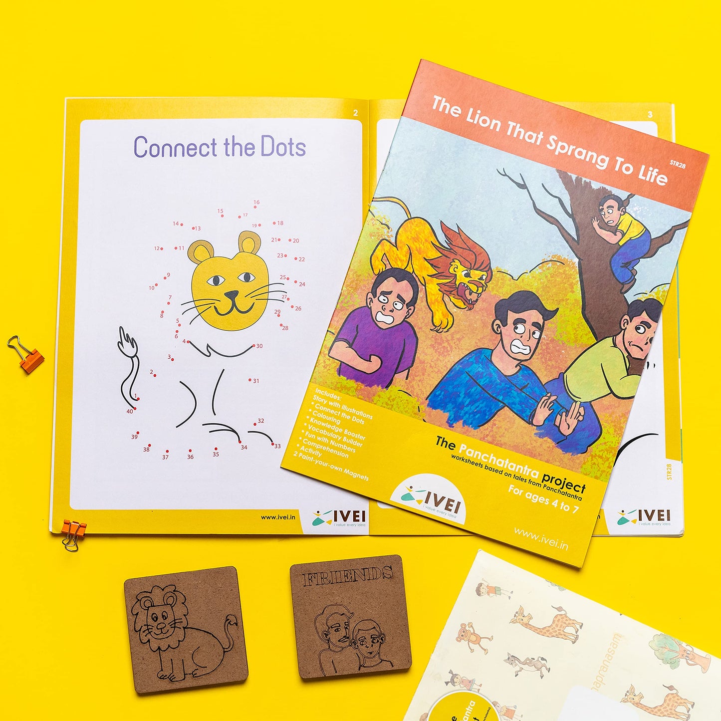 IVEI Panchatantra Story Kids Learning Book - Workbook and 2 DIY magnets - Colouring Activity Worksheets - Creative Fun Activity and Education For Kids - The Lion That Sprang To Life - Age 4 to 7 Years