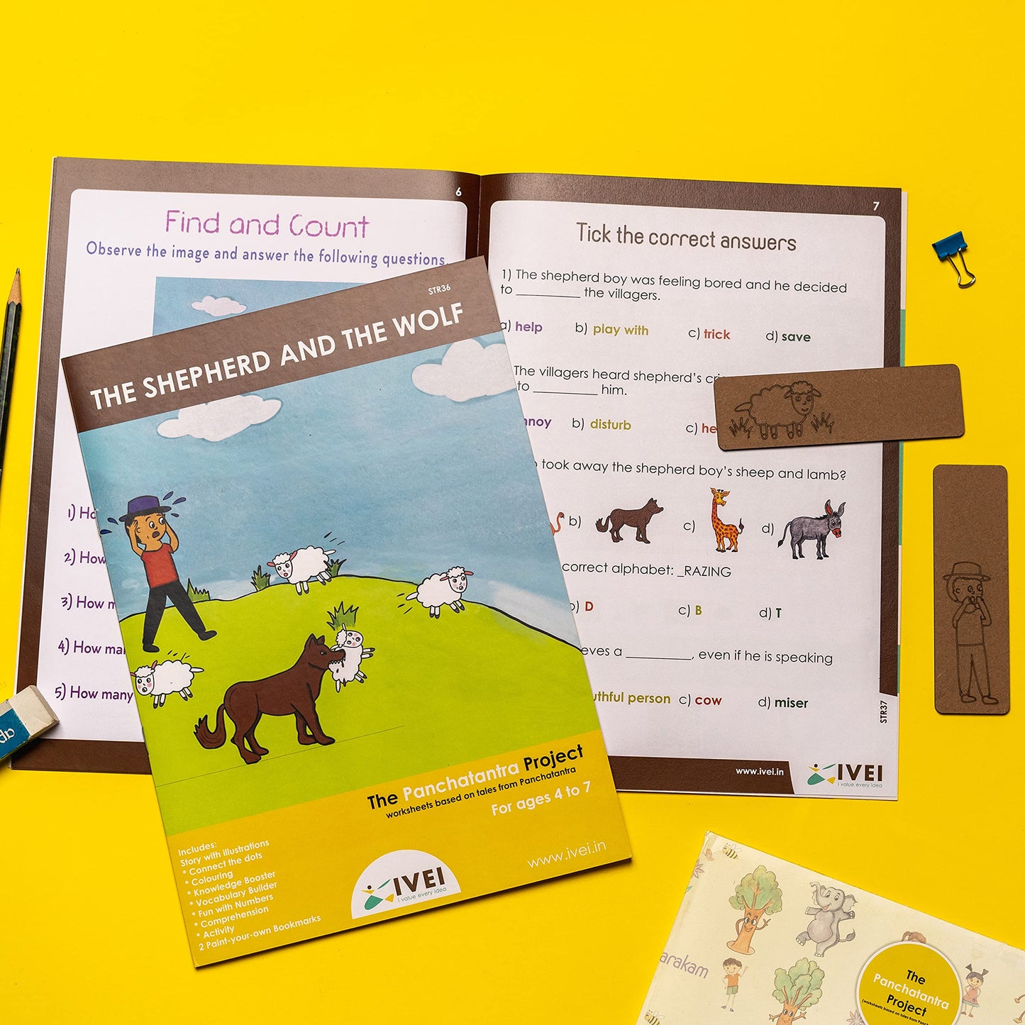 IVEI Panchatantra Story Kids Learning Book - Workbook and 2 DIY Bookmarks - Colouring Activity Worksheets - Creative Fun Activity and Education for Kids - The Shepherd and The Wolf (Age 4 to 7 Years)