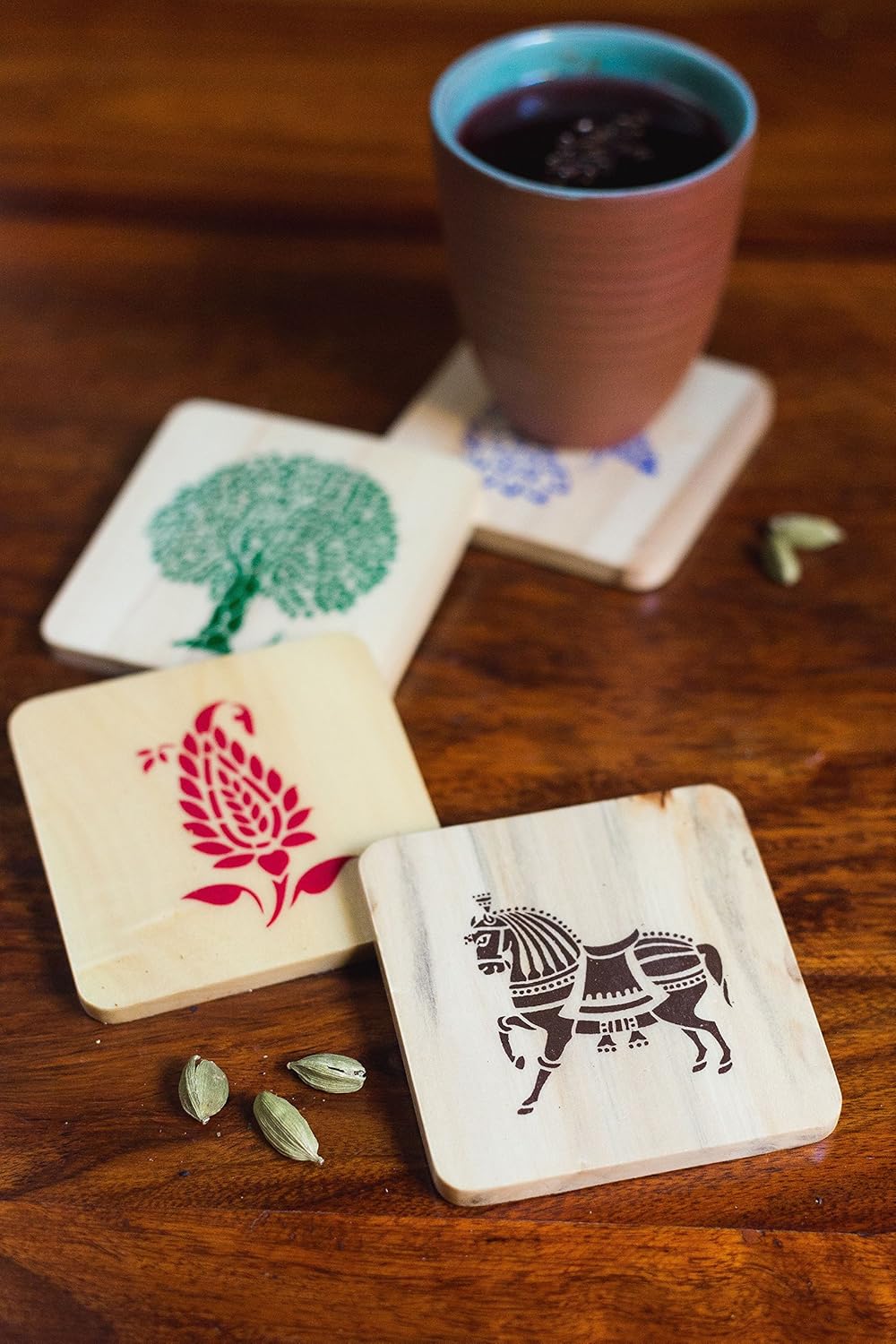 IVEI Sanjhi Print Wooden Coasters - Wood Table Coaster - Dinner Decor Centerpiece Wooden Coaster for Home Kitchen, Office Desk - Decorative Holder for Tea, Coffee Cups - Tabletop Coasters - Set of 4