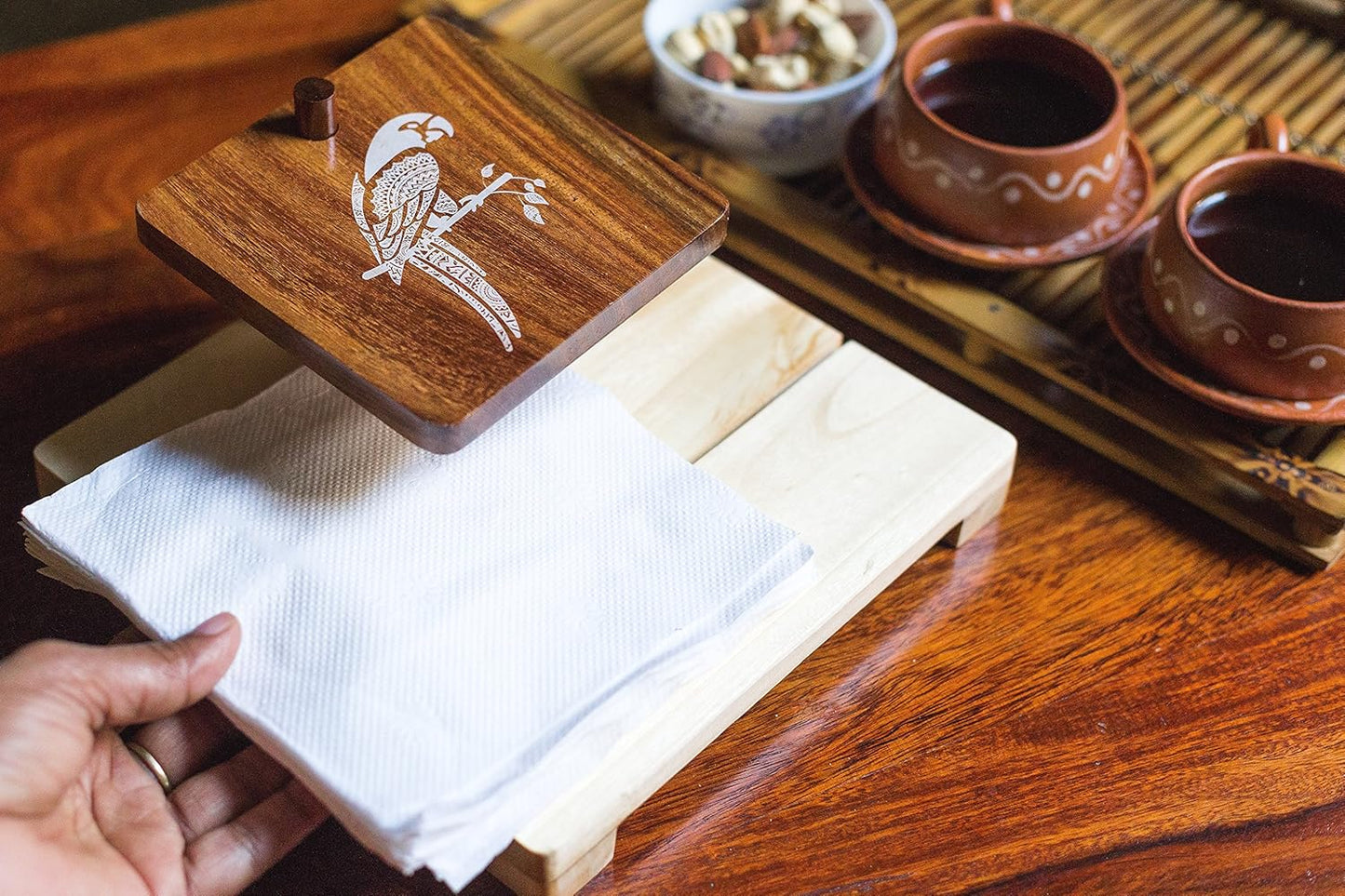 IVEI Wooden Tissue Holder – Mandala, Parrot, Gramophone Print Tissue Paper Holder - Smart Napkin Holder - Antique Handcrafted Decorative Wooden Holder - Tissue Holder for Table Office and Home