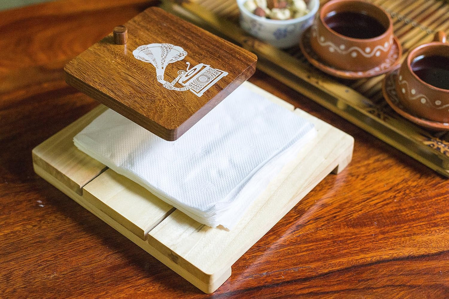 IVEI Wooden Tissue Holder – Mandala, Parrot, Gramophone Print Tissue Paper Holder - Smart Napkin Holder - Antique Handcrafted Decorative Wooden Holder - Tissue Holder for Table Office and Home