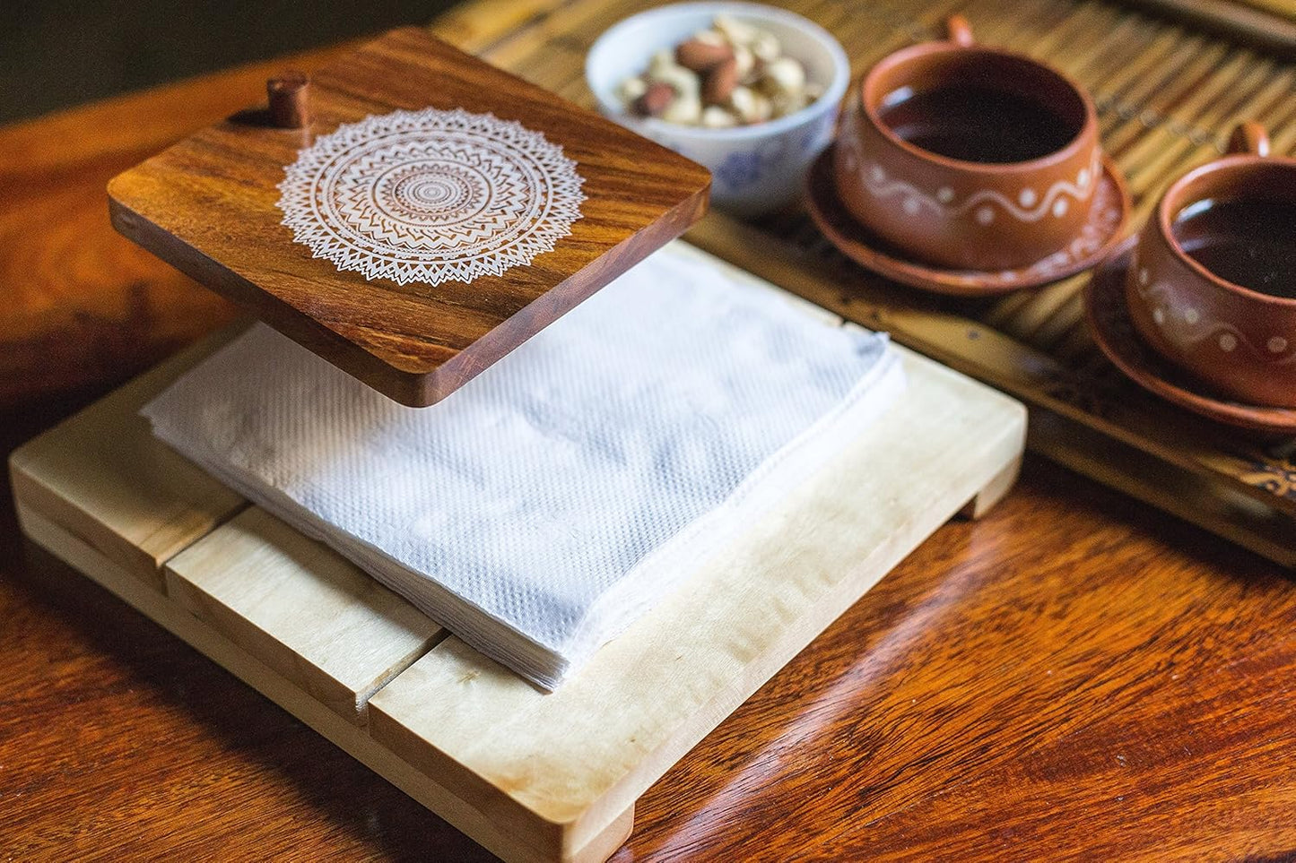 IVEI Wooden Tissue Holder – Mandala, Parrot, Gramophone Print Tissue Paper Holder - Smart Napkin Holder - Antique Handcrafted Decorative Wooden Holder - Tissue Holder for Table Office and Home