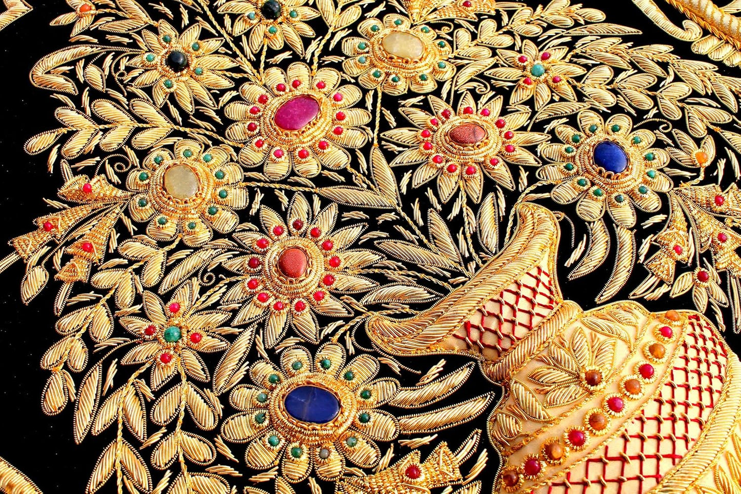 Zardozi Jewel Carpet Wall Hangings - Embroidered Tapestry Zardosi Wall Carpet with Semi-precious Stones (18 Inch x 24 Inch)