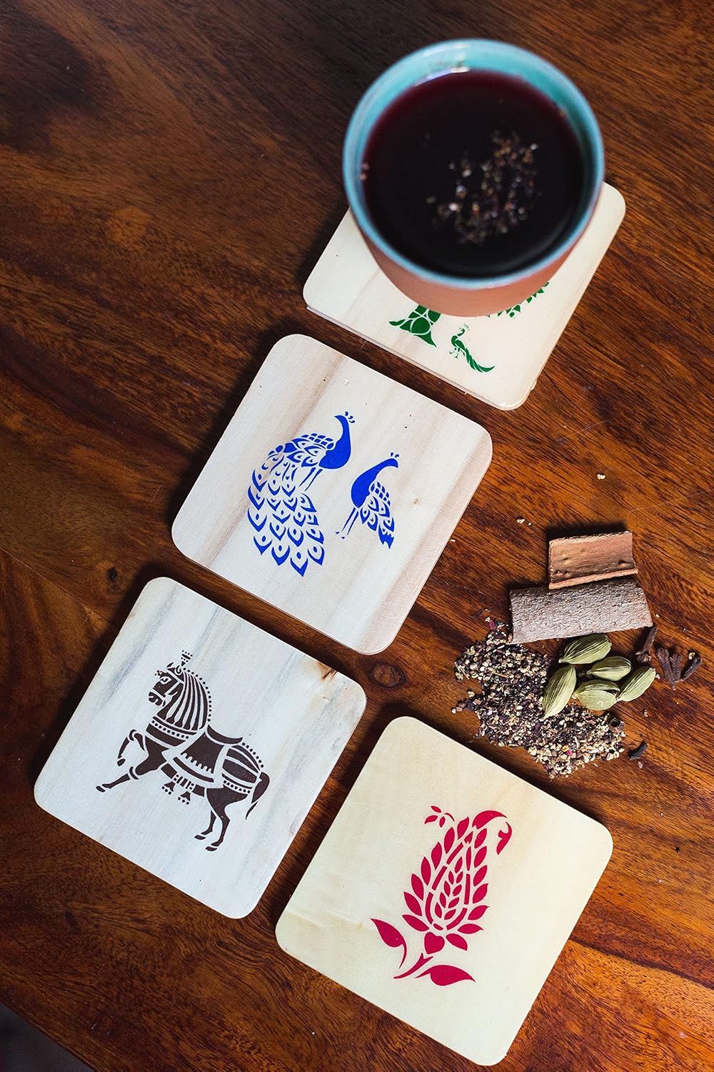 IVEI Sanjhi Print Wooden Coasters - Wood Table Coaster - Dinner Decor Centerpiece Wooden Coaster for Home Kitchen, Office Desk - Decorative Holder for Tea, Coffee Cups - Tabletop Coasters - Set of 4