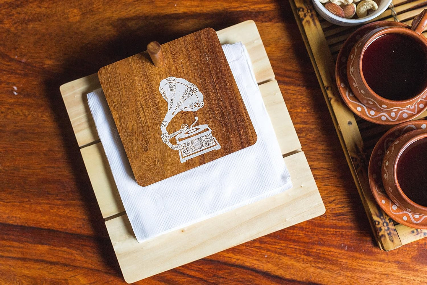IVEI Wooden Tissue Holder – Mandala, Parrot, Gramophone Print Tissue Paper Holder - Smart Napkin Holder - Antique Handcrafted Decorative Wooden Holder - Tissue Holder for Table Office and Home