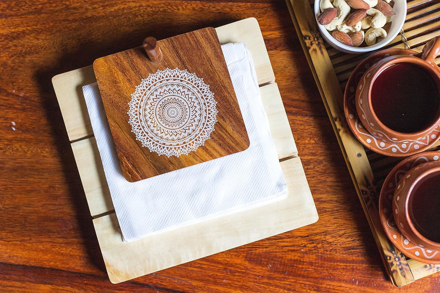 IVEI Wooden Tissue Holder – Mandala, Parrot, Gramophone Print Tissue Paper Holder - Smart Napkin Holder - Antique Handcrafted Decorative Wooden Holder - Tissue Holder for Table Office and Home