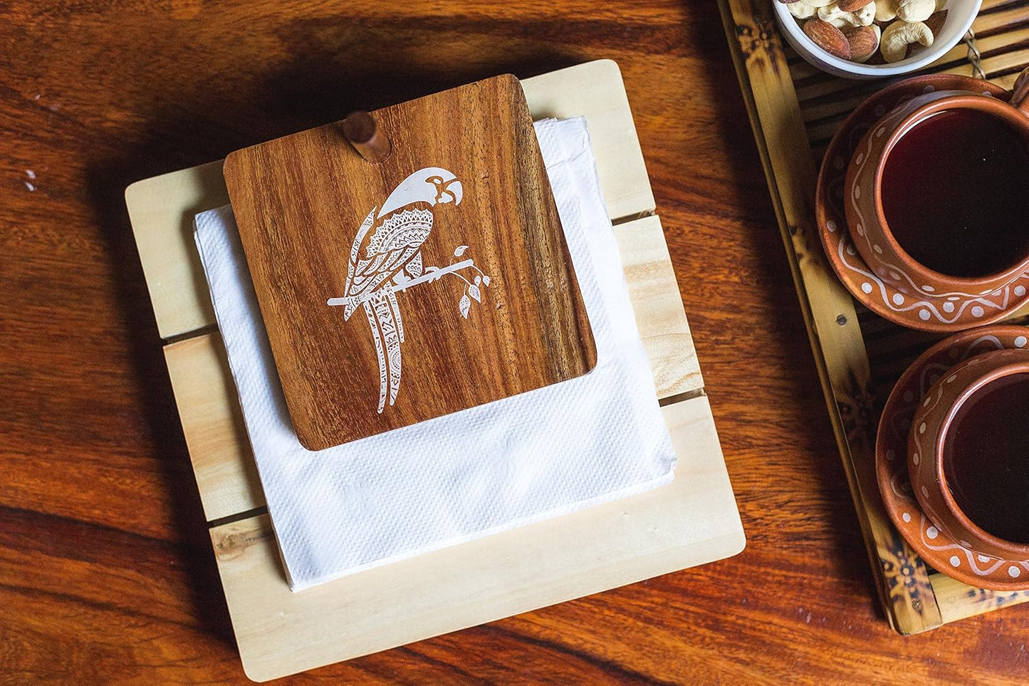 IVEI Wooden Tissue Holder – Mandala, Parrot, Gramophone Print Tissue Paper Holder - Smart Napkin Holder - Antique Handcrafted Decorative Wooden Holder - Tissue Holder for Table Office and Home