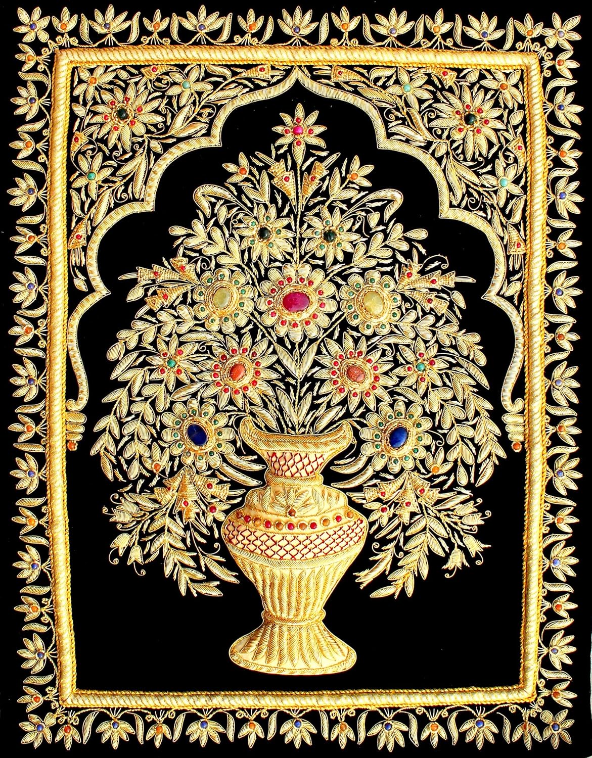 Zardozi Jewel Carpet Wall Hangings - Embroidered Tapestry Zardosi Wall Carpet with Semi-precious Stones (18 Inch x 24 Inch)