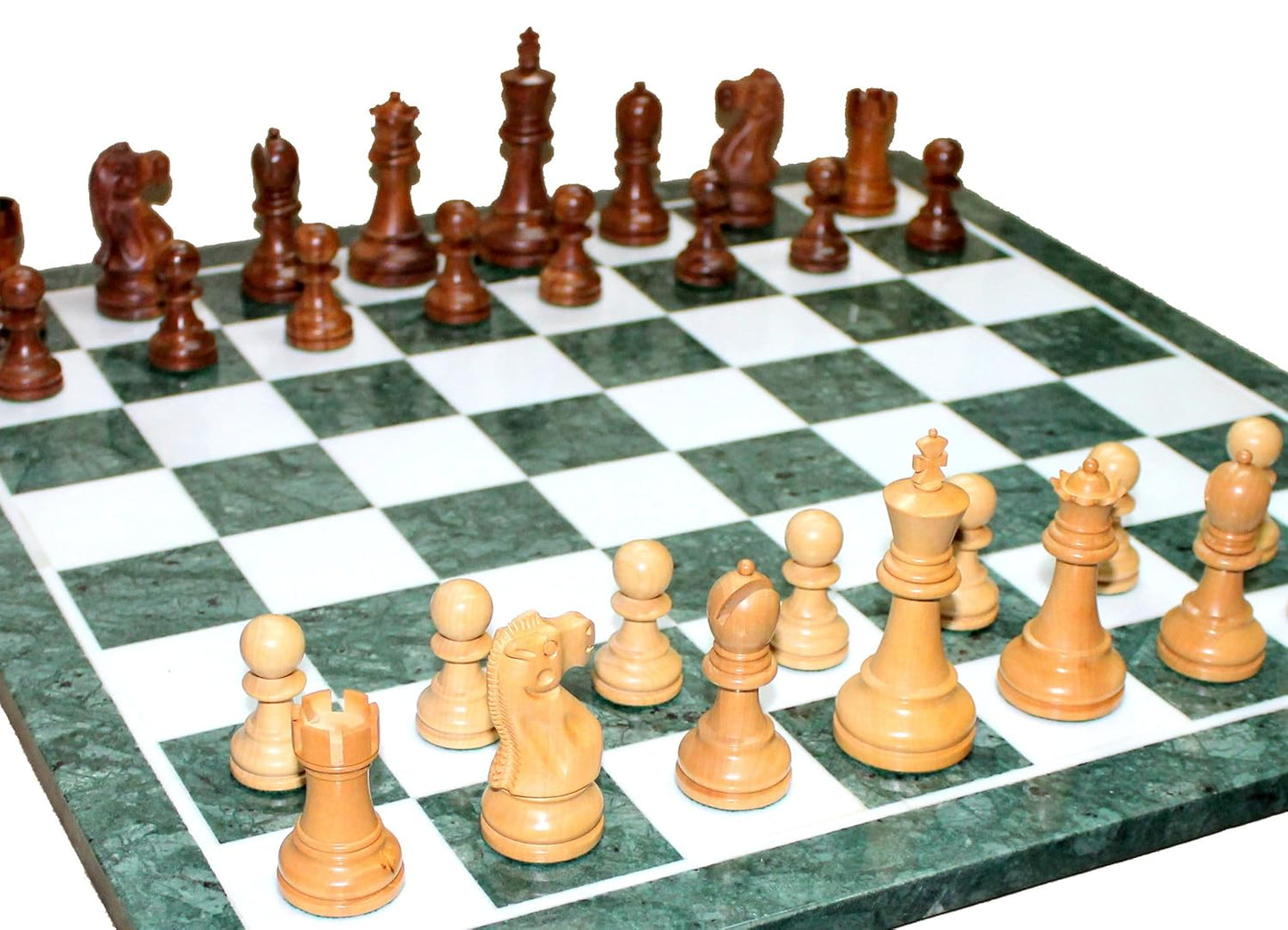 StonKraft 20" X 20" Collectible Green Marble Chess Game Board Set Wood Crafted Pieces Chessmen Coins