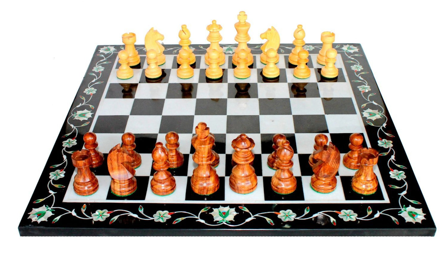 StonKraft Collectible Black Marble Chess Board Game Set with Inlay Work (15"x15" inches)