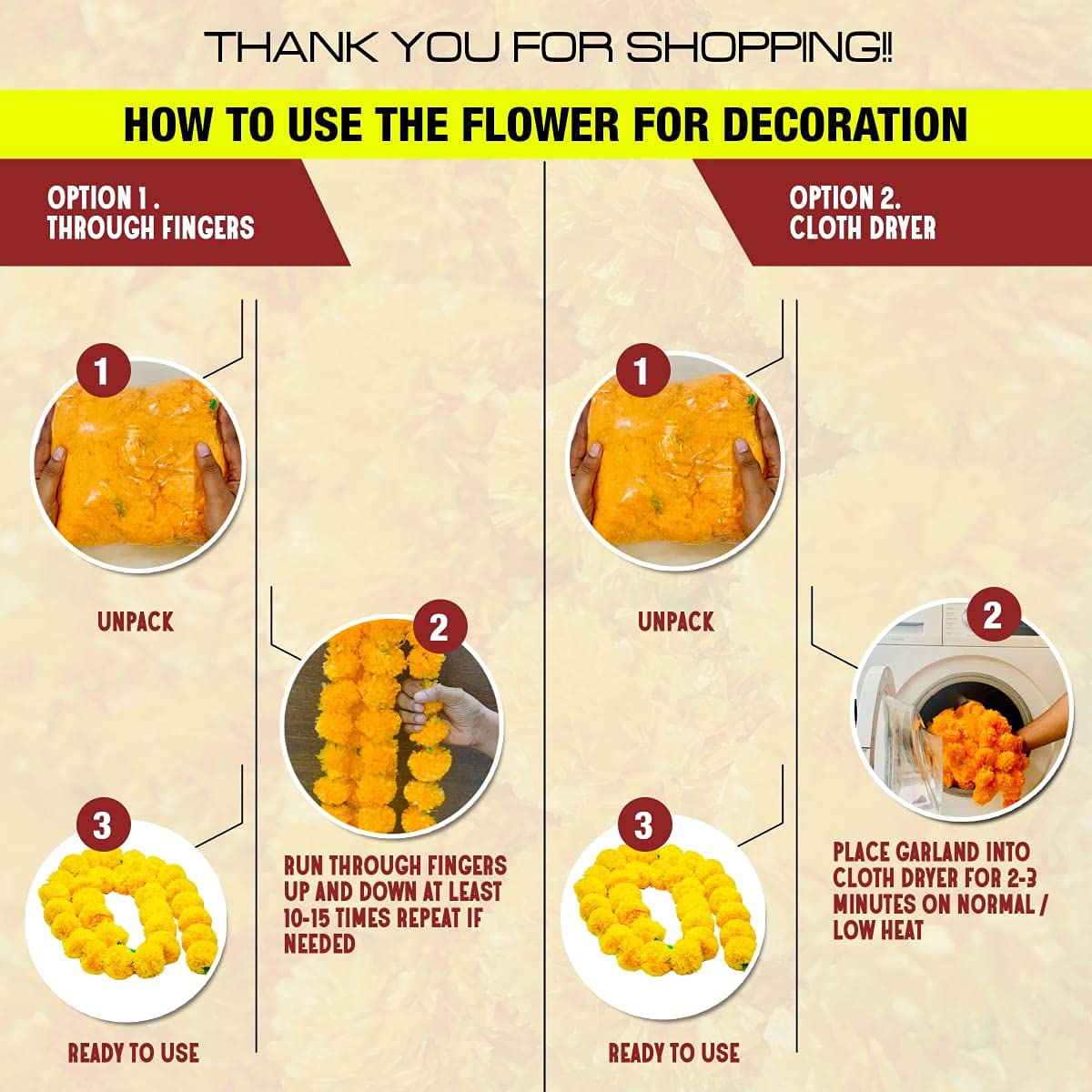 Krati Exports Golden Yellow Light Orange 5 Feet Marigold Garland