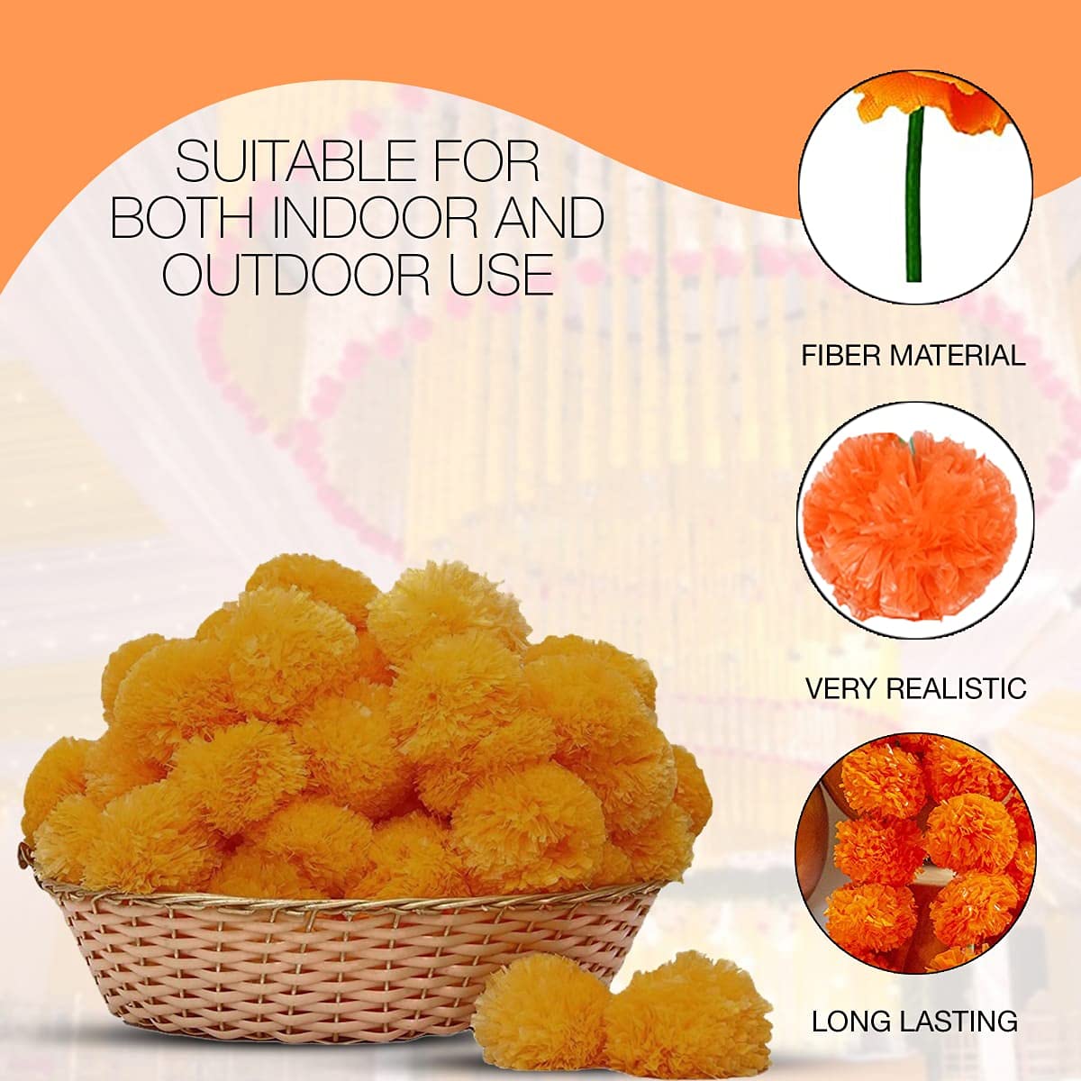 Krati Exports Golden Yellow Light Orange 5 Feet Marigold Garland