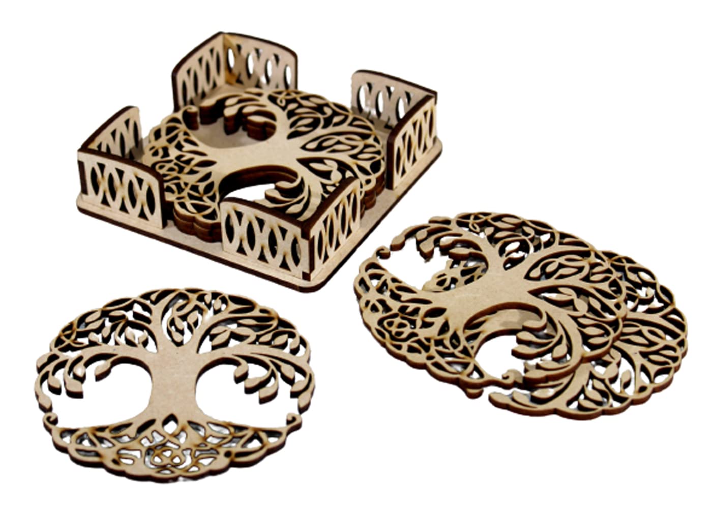 eSplanade Wooden Coasters for DIY Activities / Craft / Decoupage / Painting / Resin Work - 6 Coasters with Holder (Tree of Life design)