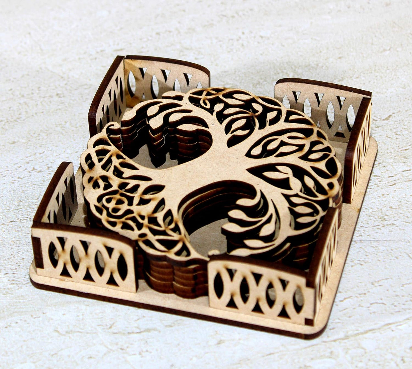 eSplanade Wooden Coasters for DIY Activities / Craft / Decoupage / Painting / Resin Work - 6 Coasters with Holder (Tree of Life design)
