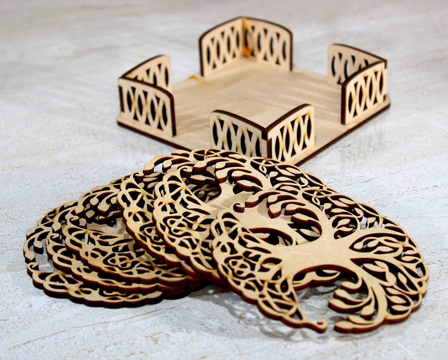 eSplanade Wooden Coasters for DIY Activities / Craft / Decoupage / Painting / Resin Work - 6 Coasters with Holder (Tree of Life design)