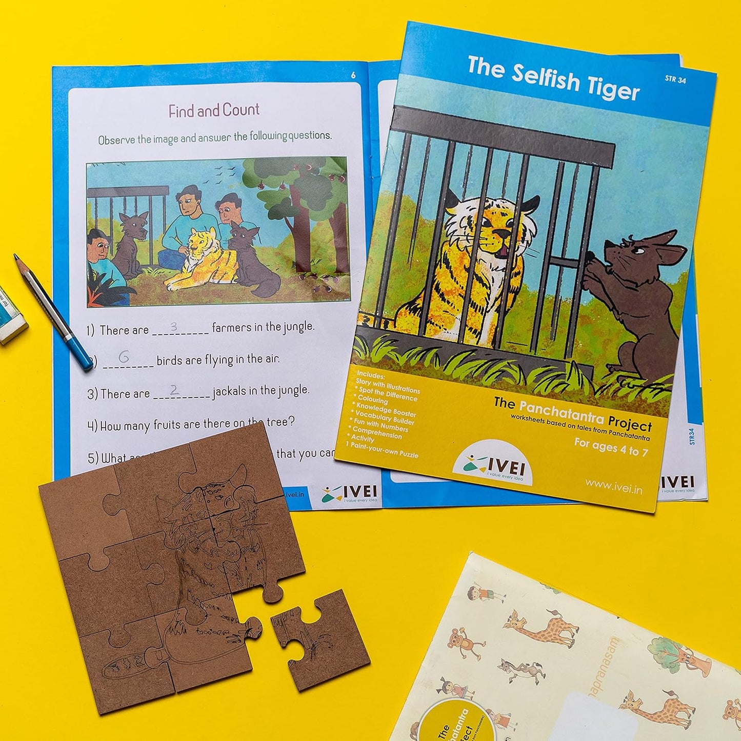 IVEI Panchatantra Story Kids Learning Book - Workbook and DIY Puzzle - Colouring Activity Worksheets - Creative Fun Activity and Education for Kids - The Selfish Tiger (Age 4 to 7 Years)