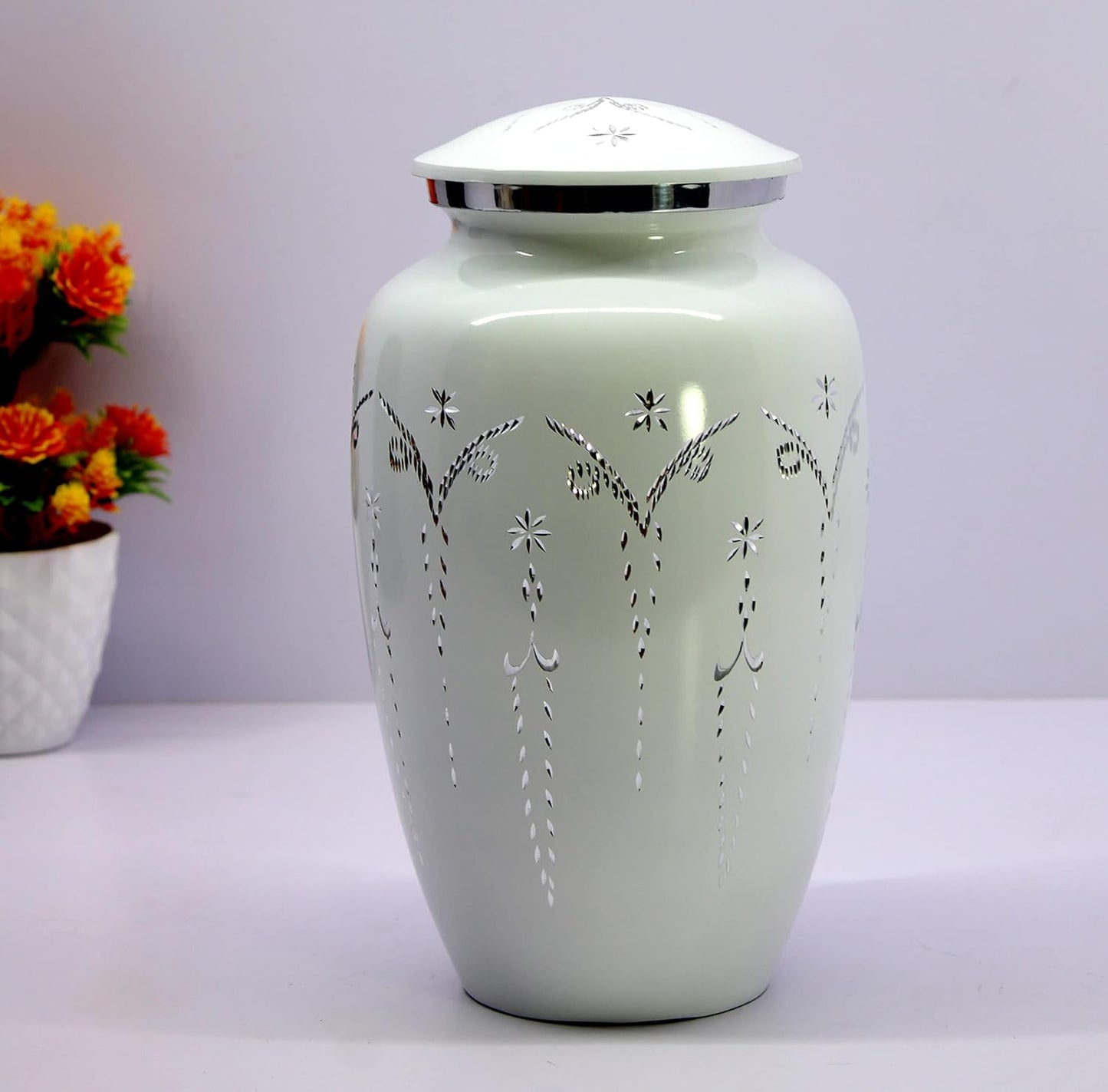 ESPLANADE Cremation Urn Memorial Human Ashes Container Jar Pot | Burial Funeral Urns | White Engraved-10 Inches