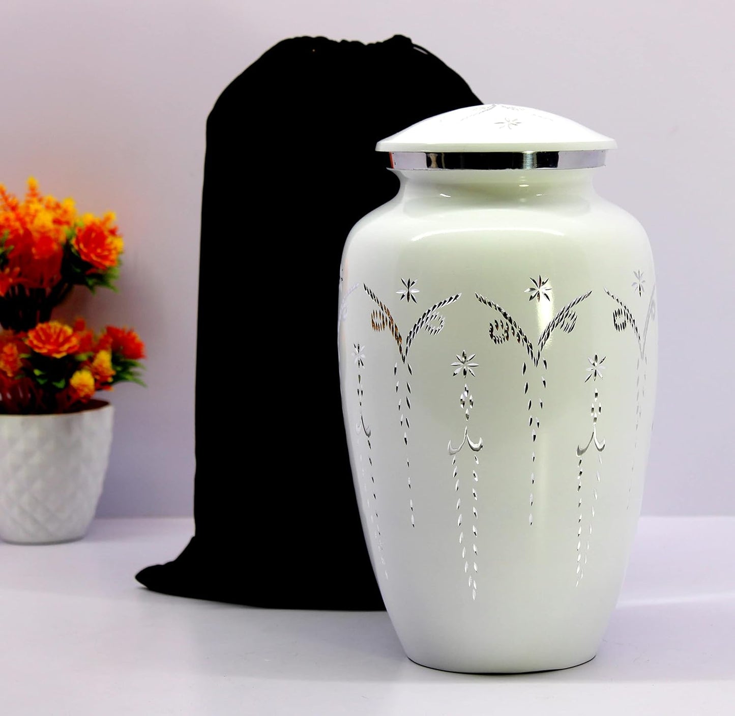ESPLANADE Cremation Urn Memorial Human Ashes Container Jar Pot | Burial Funeral Urns | White Engraved-10 Inches