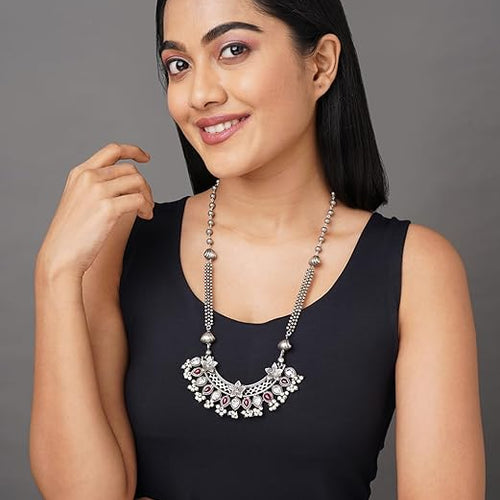 Binni s Wardrobe Women Gold-Plated Kolhapuri Long Inticrated Desgin And Polki Sturctured Necklace Set (Pink)
