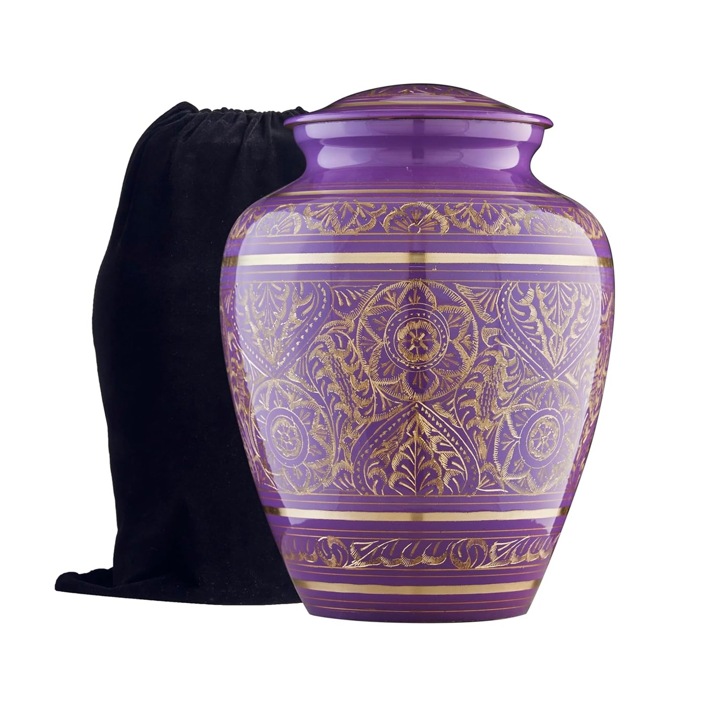 Esplanade Brass Urn for Ashes Adult Male Female – 8.5" Cremation Urn for Human Ashes, Full Size Large Urn, Engraved Geometric Floral Purple Colour, Funeral Vase with Velvet Bag - for 65kg Adult