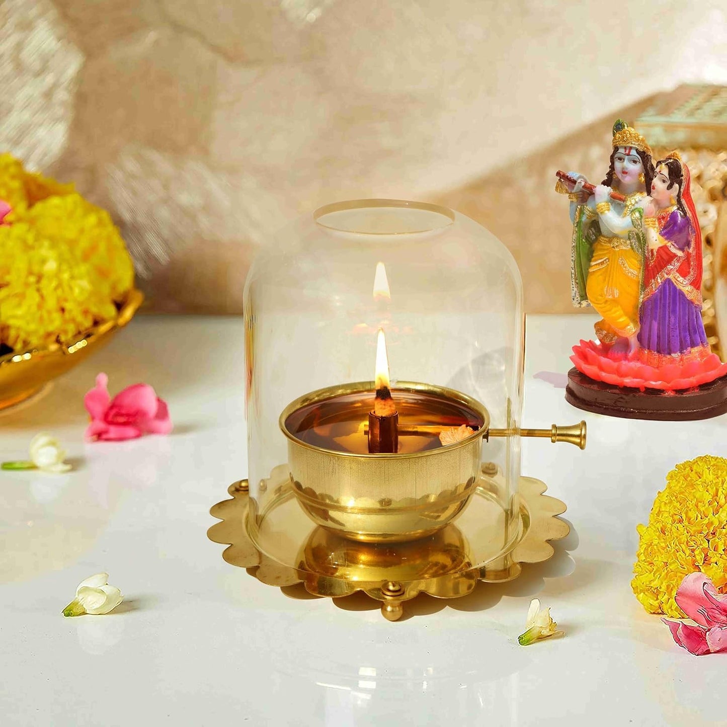 Esplanade Akhand Diya with Adjustable Bati, Diya with Cover for Puja, Akhand Diya for Puja, Deepak for Pooja, Deepam, Pooja Items, Golden 5"
