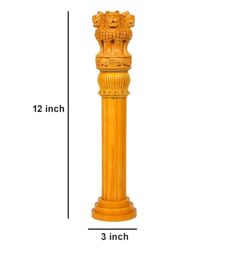ESPLANADE Wooden Ashok Sthambh, Ashoka Stambh Stoop Pillar Statue Showpiece - Gift for Government Employees Office Table Decoration (12")