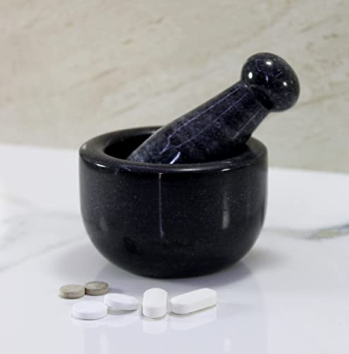 KLEO 3" Diameter Black Natural Stone Mortar and Pestle Set Spice, Medicine Pills Grinder Masher - Small Size (Black, White)
