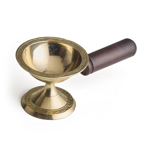 Esplanade Brass Aarti Diya with Wooden Handle – Traditional Deepak for Pooja, Temple, Diwali Oil Lamp, Navratri Diya, Dhoop Dani
