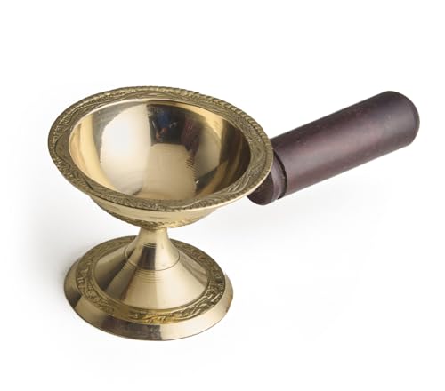 Esplanade Brass Aarti Diya with Wooden Handle – Traditional Deepak for Pooja, Temple, Diwali Oil Lamp, Navratri Diya, Dhoop Dani