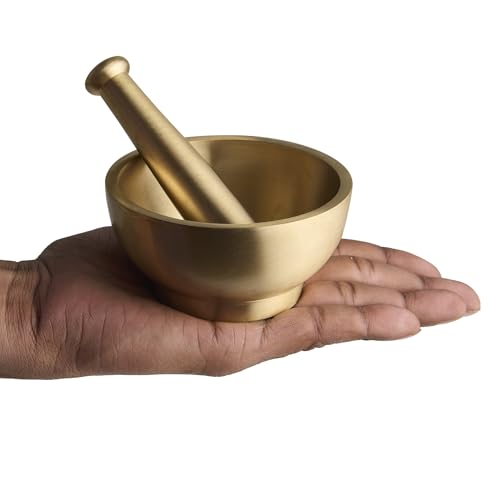 Esplanade Brass Mortar Pestle Set for Kitchen – 4" Okhli for Grinding Spices, Herbs – Traditional Imam Dasta, Kharal, Kundi