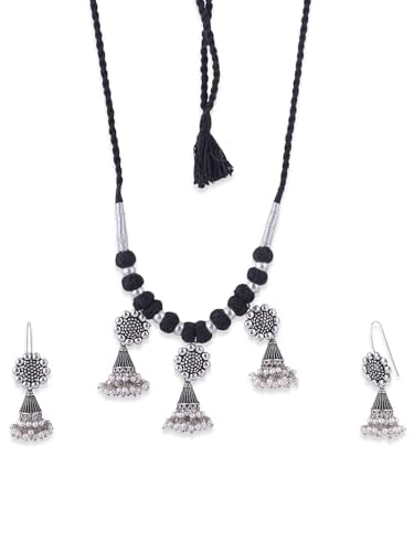 Binni s Wardrobe Women's Dual Toned Hand Made Textured Choker Jewellery Set (Silver Black Noded Jhumkis)