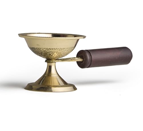 Esplanade Brass Aarti Diya with Wooden Handle – Traditional Deepak for Pooja, Temple, Diwali Oil Lamp, Navratri Diya, Dhoop Dani