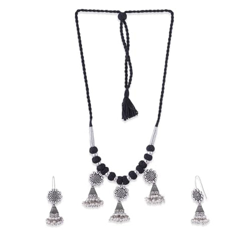 Binni s Wardrobe Women's Dual Toned Hand Made Textured Choker Jewellery Set (Silver Black Noded Jhumkis)