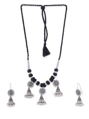 Binni s Wardrobe Women's Dual Toned Hand Made Textured Choker Jewellery Set (Silver Black Noded Jhumkis)