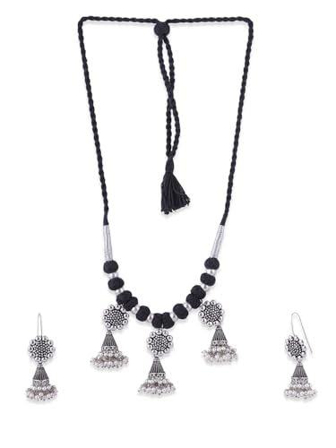 Binni s Wardrobe Women's Dual Toned Hand Made Textured Choker Jewellery Set (Silver Black Noded Jhumkis)