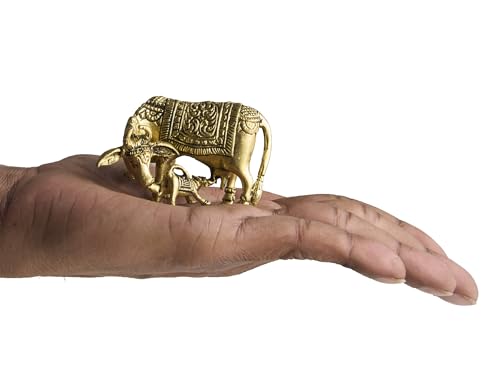 ESPLANADE Brass Kamadhenu Kamdhenu Cow with Calf Idol, Small 2" Murti, Vastu Decor for Wealth, Health, Peace & Happiness Detailing & Light Weight