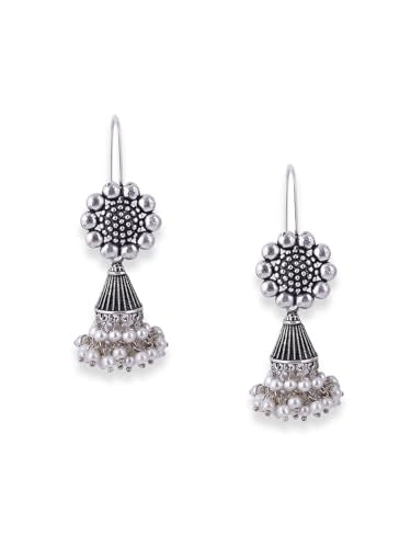 Binni s Wardrobe Women's Dual Toned Hand Made Textured Choker Jewellery Set (Silver Black Noded Jhumkis)