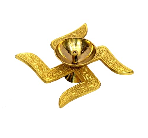 eSplanade Brass Swastik Shape Diya Religious Antique Temple Pooja Articles Home Office & Table Decor Diwali Decoration Peetal Deepak
