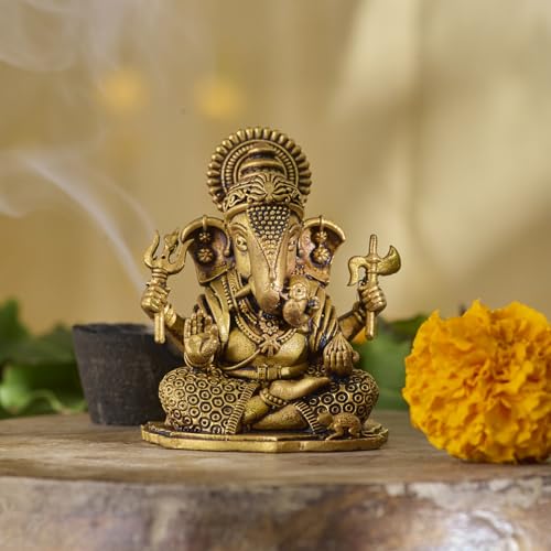 ESPLANADE Brass Ganesh Murti - 3-inch, Small Ganesha Idol for Home Mandir, Diwali, Pooja Décor, Housewarming Gift Detailing