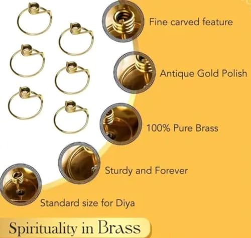 Esplanade Brass Diya Wick Holder – Pack of 6 Niranjan Kadi for Deepak and Oil Lamps, Traditional Thiri Stand for Diya, 2.6 cm Pooja Item