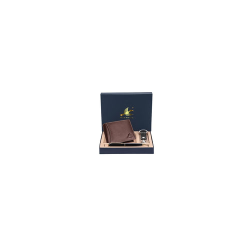 HORNBULL Themes Brown Mens Leather Wallet, Keyring & Pen Combo Gift Set for Men | Valentine's Day Branded Gift Hamper for Men