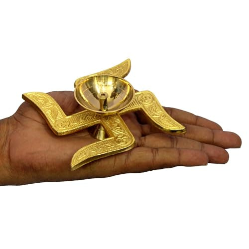 eSplanade Brass Swastik Shape Diya Religious Antique Temple Pooja Articles Home Office & Table Decor Diwali Decoration Peetal Deepak