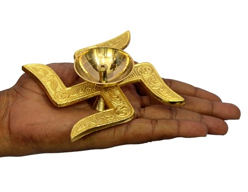 eSplanade Brass Swastik Shape Diya Religious Antique Temple Pooja Articles Home Office & Table Decor Diwali Decoration Peetal Deepak